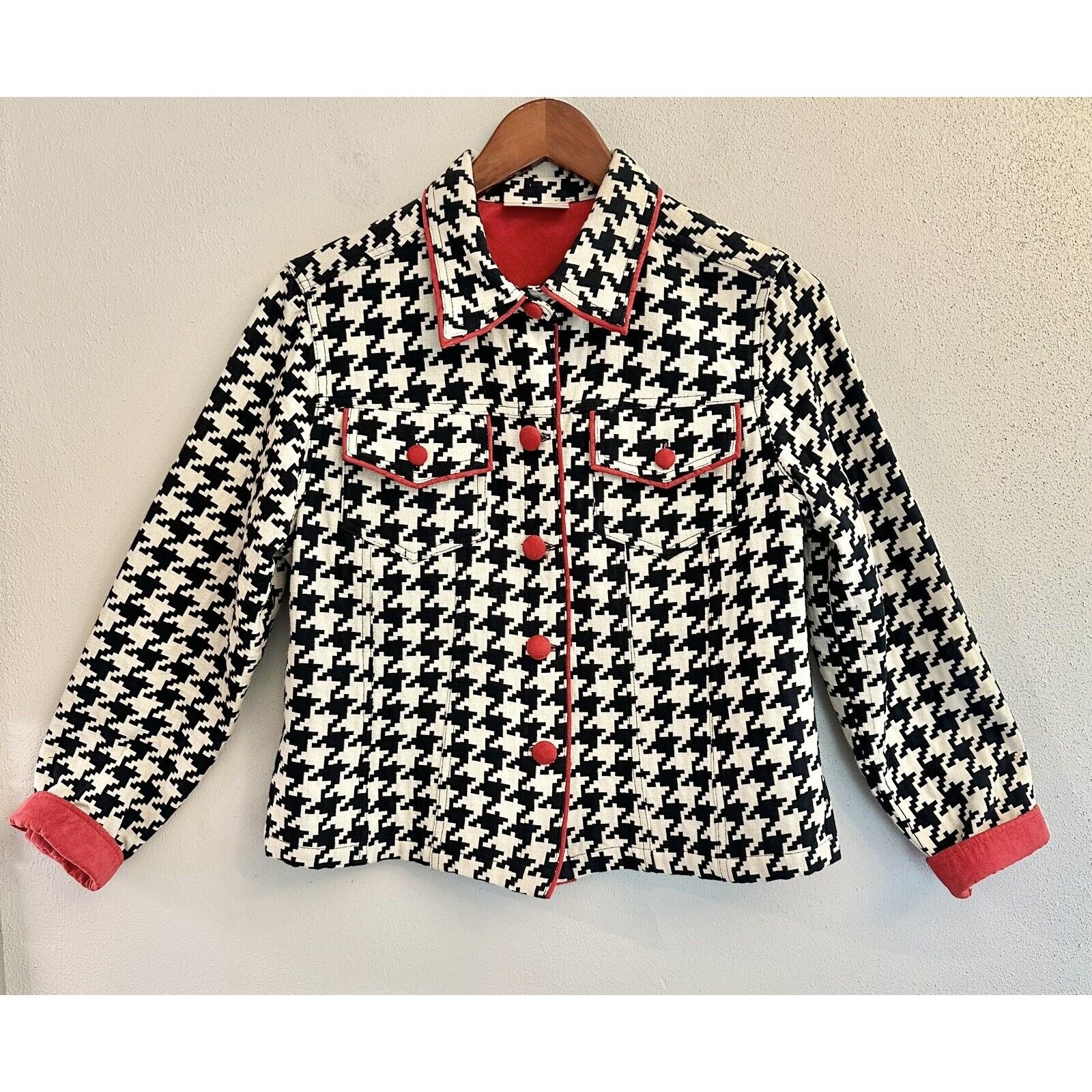 3 Sisters Houndstooth Print Jacket Women's Size S Cotton Button Up Black Red